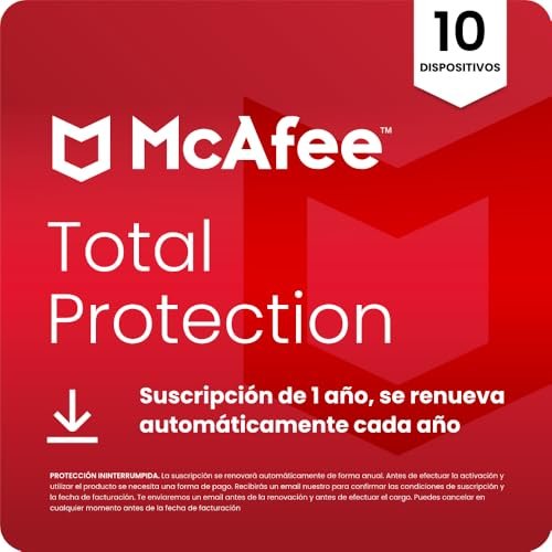 McAfee Total Protection para 10 Dispositivos 2026 | Antivirus, VPN, software de seguridad, gestor de contraseñas, | Suscripción de 1 año con renovación automática | Descargar